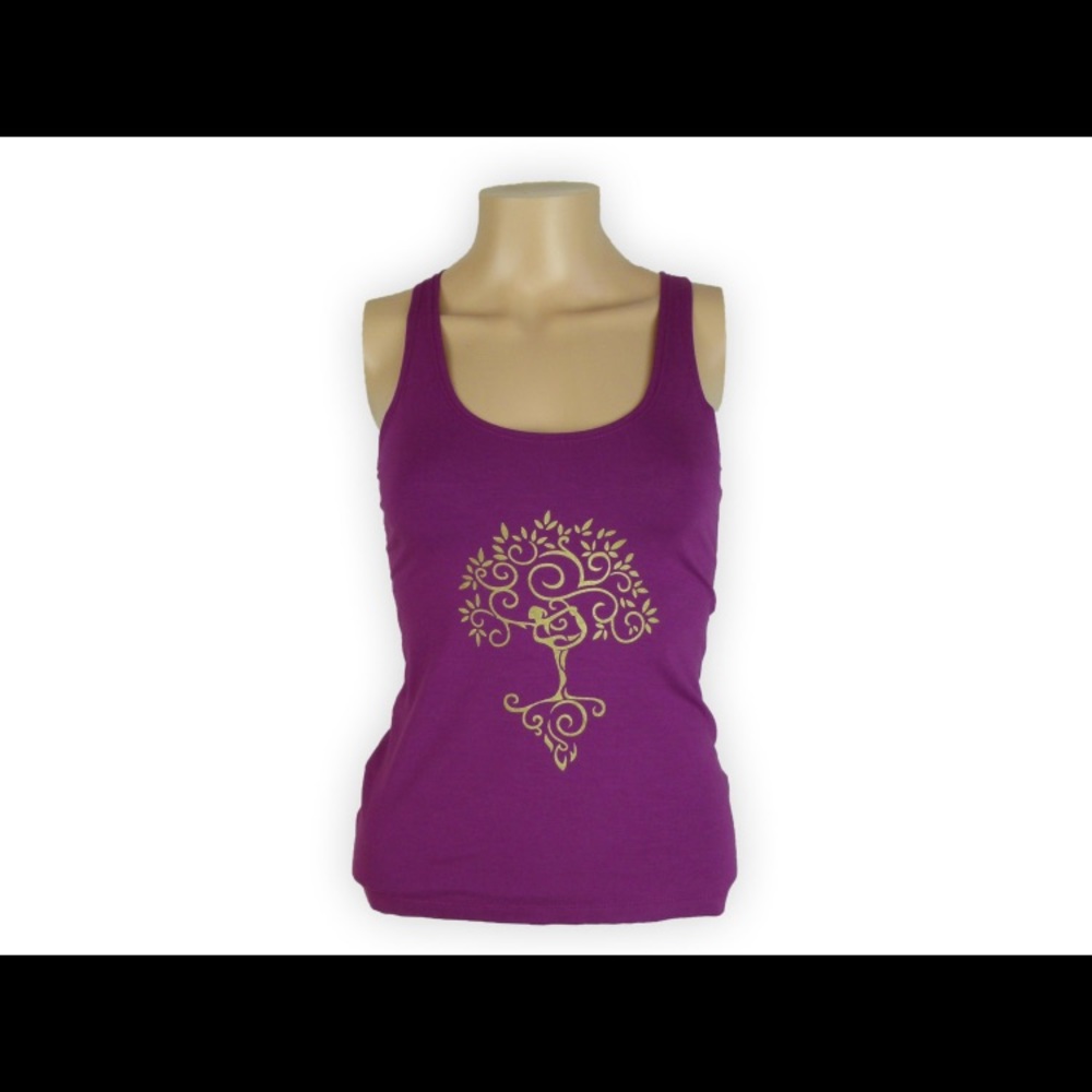 Cut up back tank top. Yoga pose, tree of life.